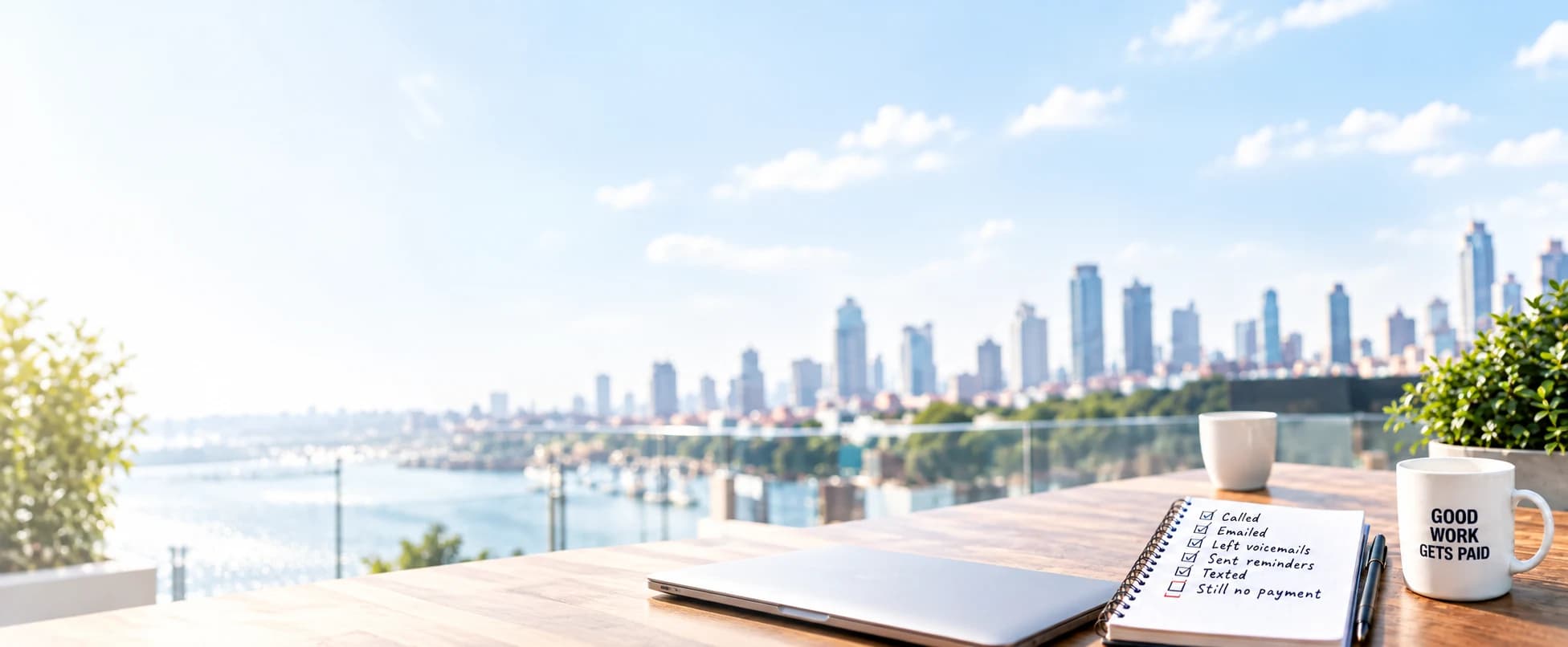 A laptop and a handwritten follow-up checklist on a rooftop desk overlooking a city skyline, illustrating a business chasing an unpaid invoice