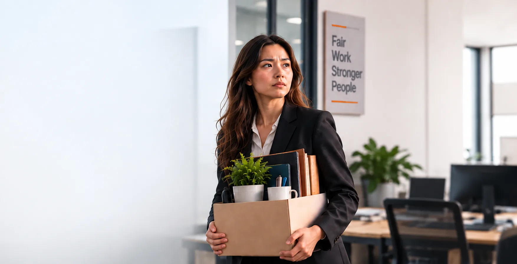 A woman leaving her office with a box of belongings, illustrating an employment dispute