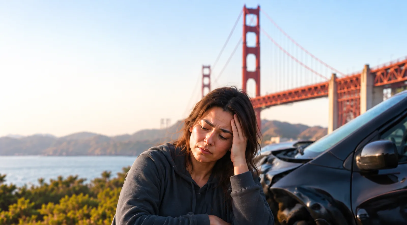 A woman standing beside a damaged car near the Golden Gate Bridge, holding her head after an accident