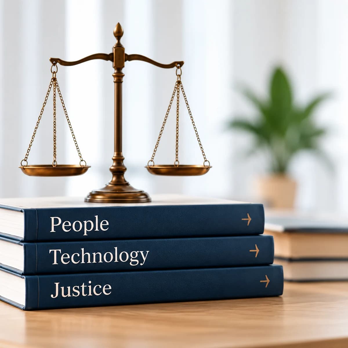 Scales of justice resting on books titled People, Technology and Justice